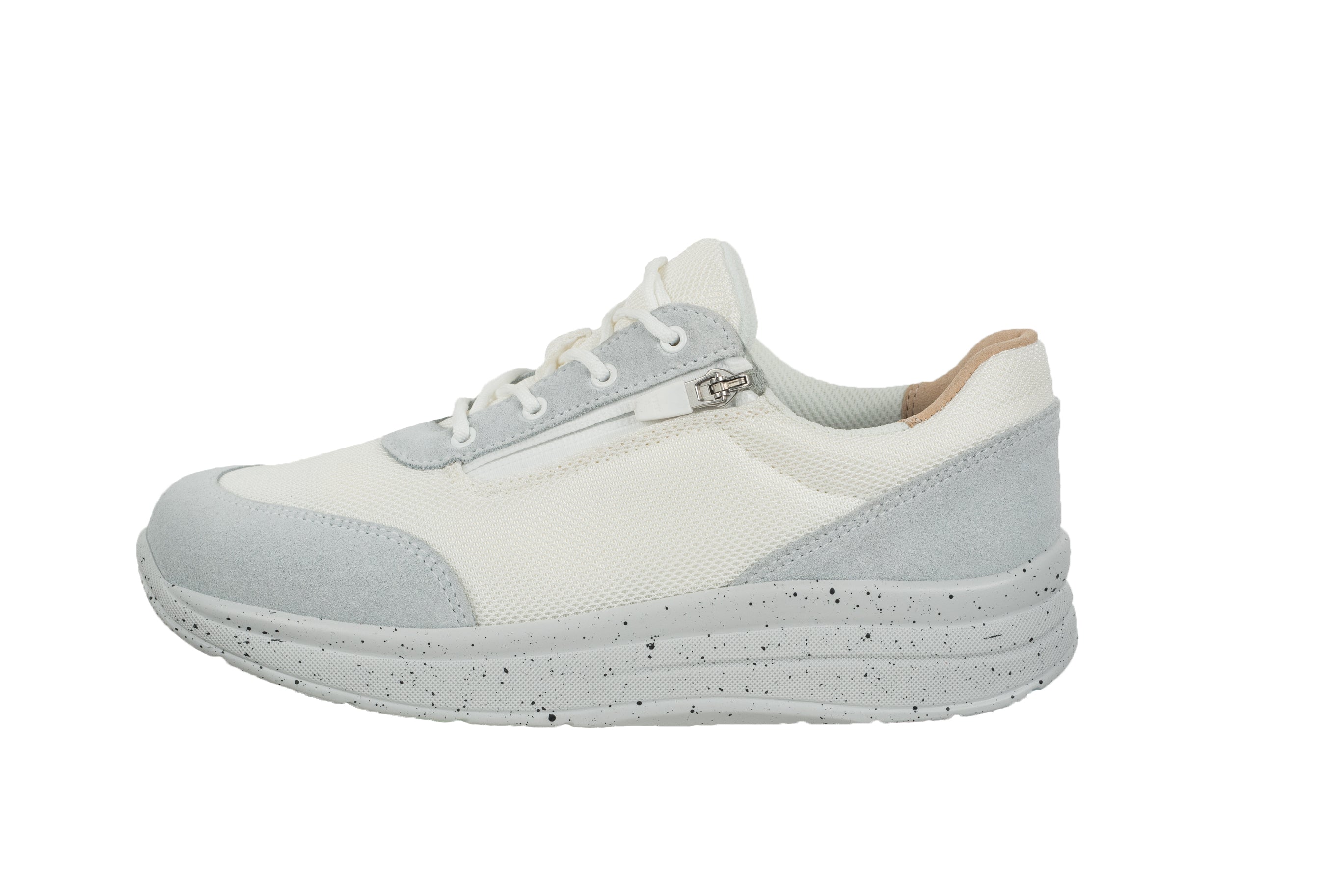 Proflex - Dames comfortsneaker - wit mesh en wit suede met een ritssluiting en vetersluiting en een spikkel zool