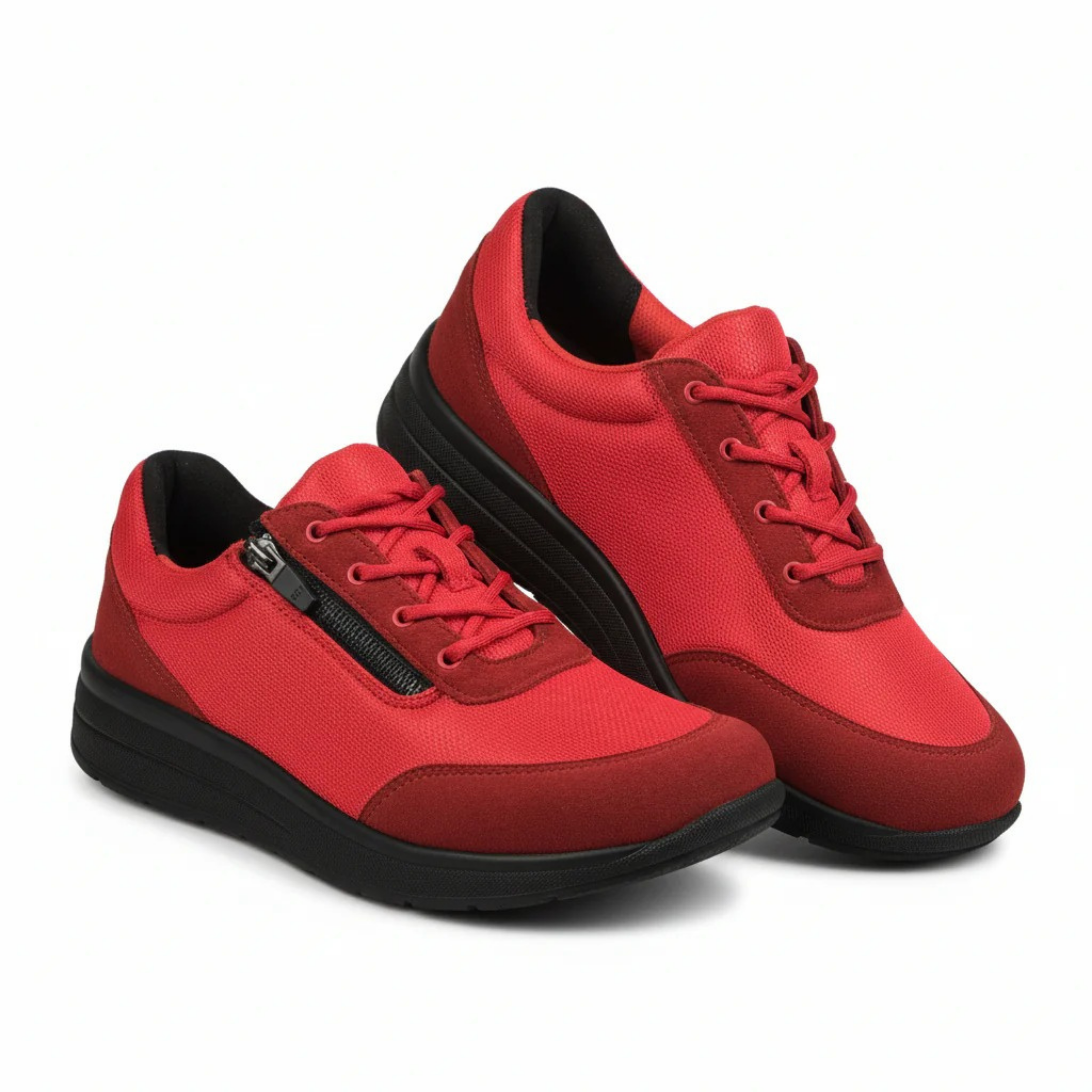 Proflex - Dames comfortsneaker - Rood mesh en rood suede met ritssluiting en vetersluiting en een zwarte zool