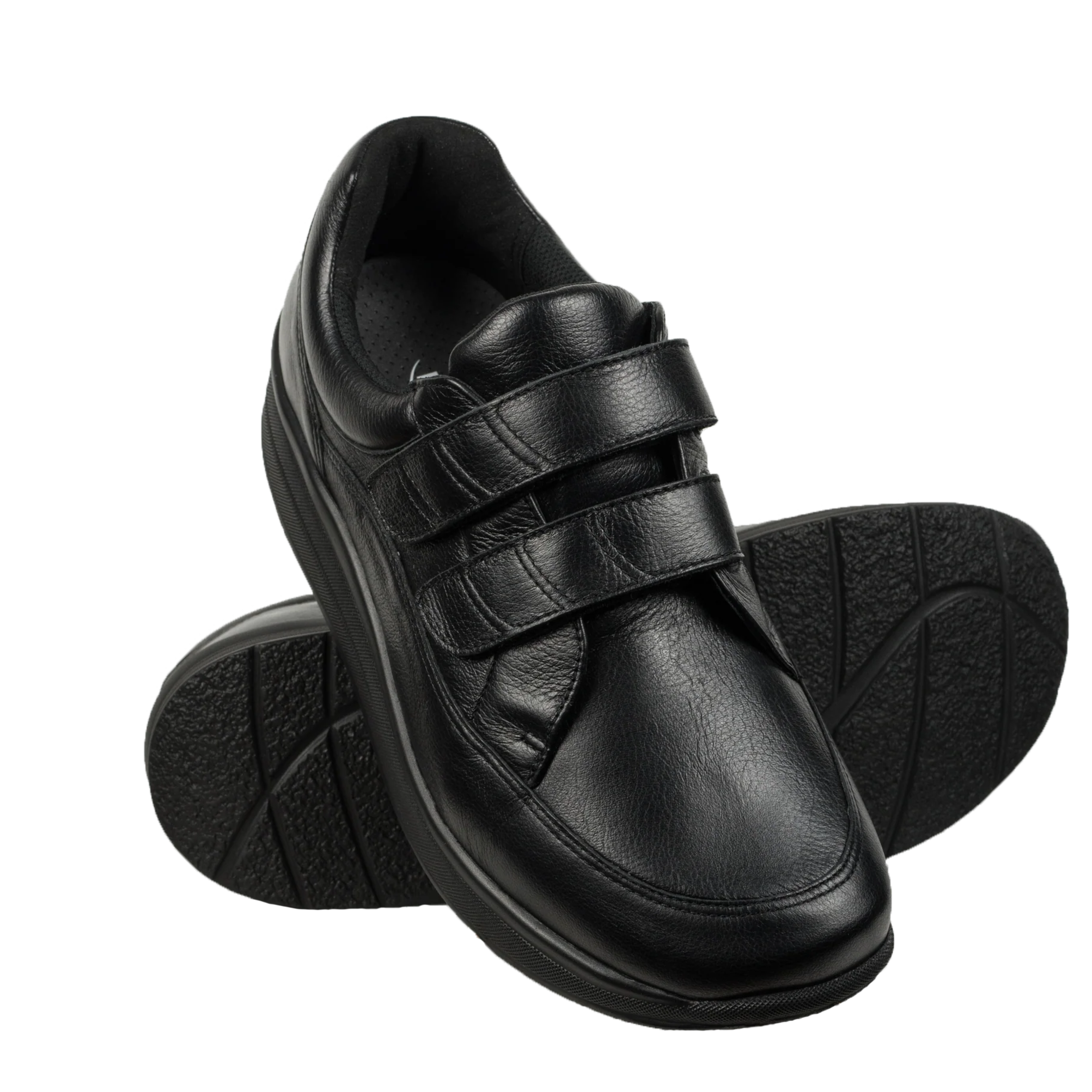 Proflex - Heren comfortsneaker - zwart leer met een zwarte zool en klittenbandsluiting