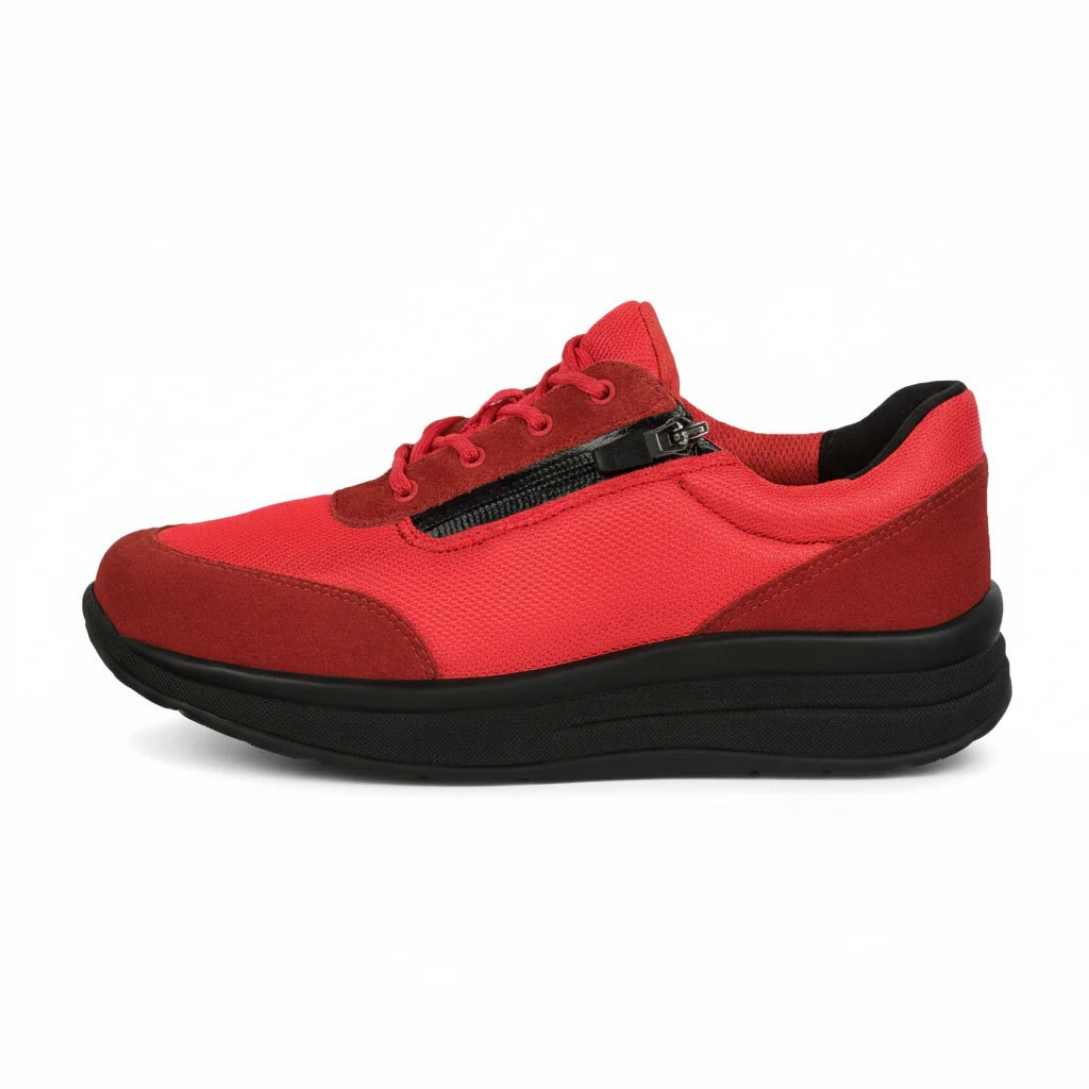 Proflex - Dames comfortsneaker - Rood mesh en rood suede met ritssluiting en vetersluiting en een zwarte zool